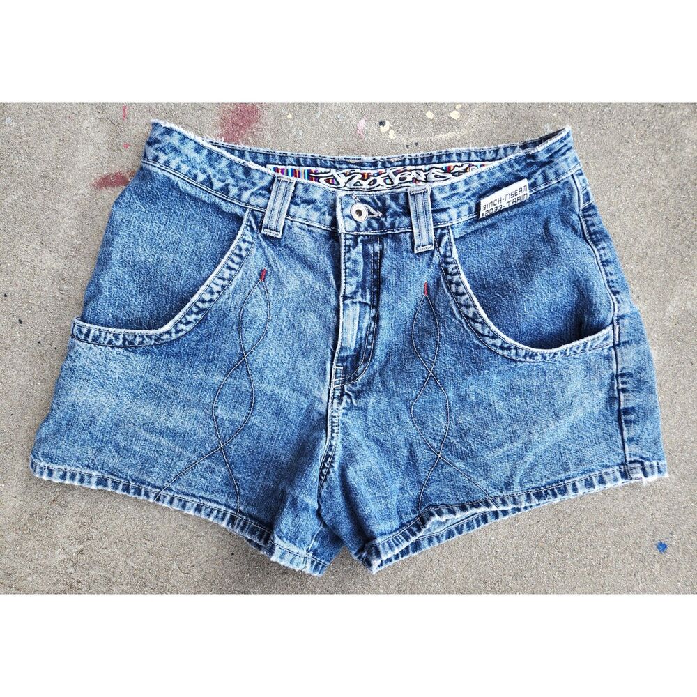 Vintage 90s JNCO Girlies Denim Shorts Y2K Made USA Graffiti Waist Festival W32 - Picture 2 of 9